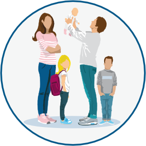 Illustration einer Familie mit 2 Erwachsenen und 3 Kindern