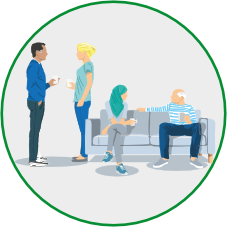 Illustration einer 4-köpfigen Erwachsenengruppe in Zweier-Gesprächen